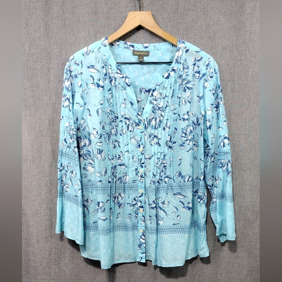 Style & Co. Tops - Style & Co. Floral Babydoll Top Women's M Blue Cottagecore Peasant Retro Y2K
